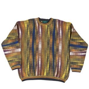 Tundra Canada Vintage 3D Knit Sweater XXL Multi Color Vertical Stripe Coogi Look